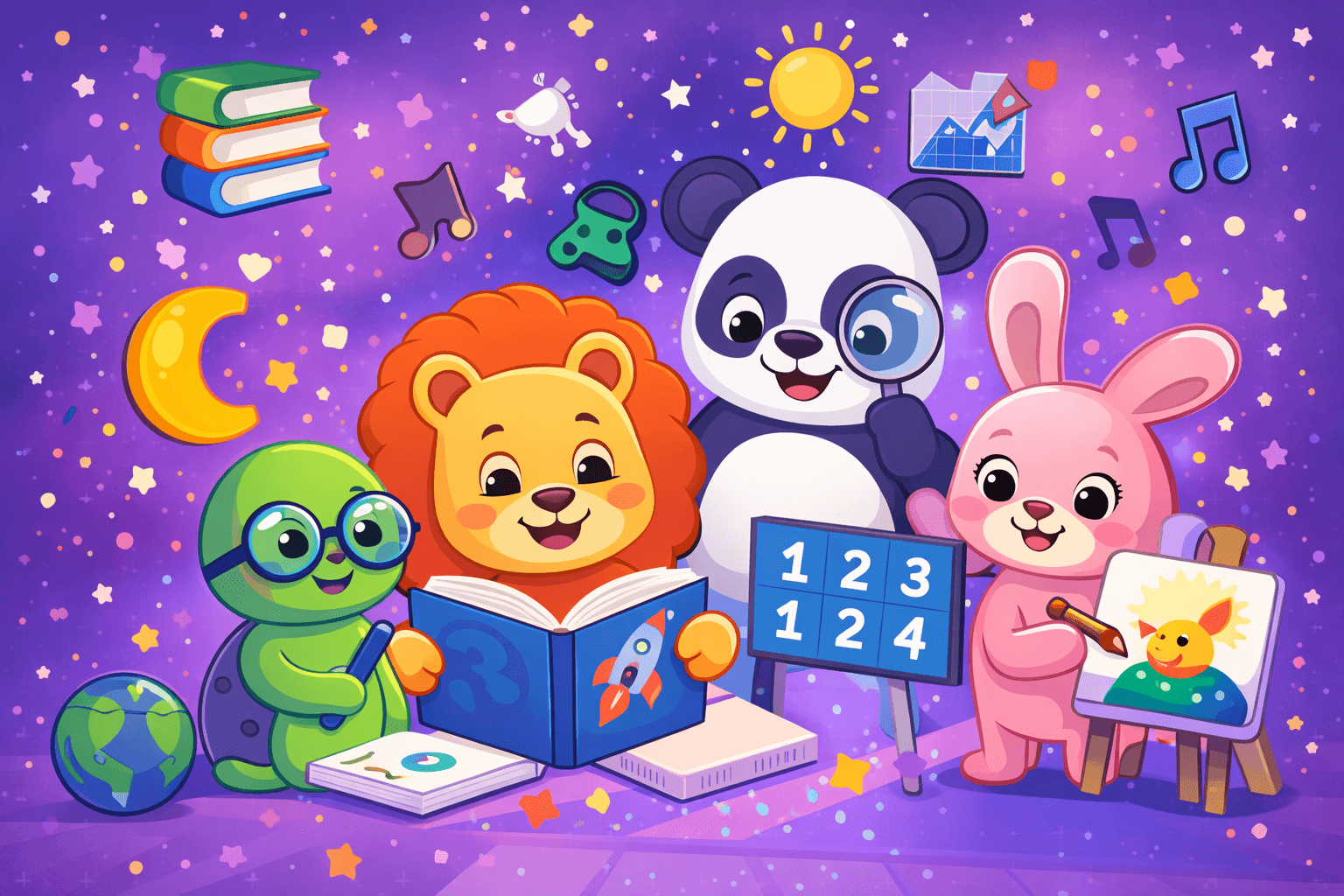 KidHub characters learning together: turtle, lion, panda, and rabbit